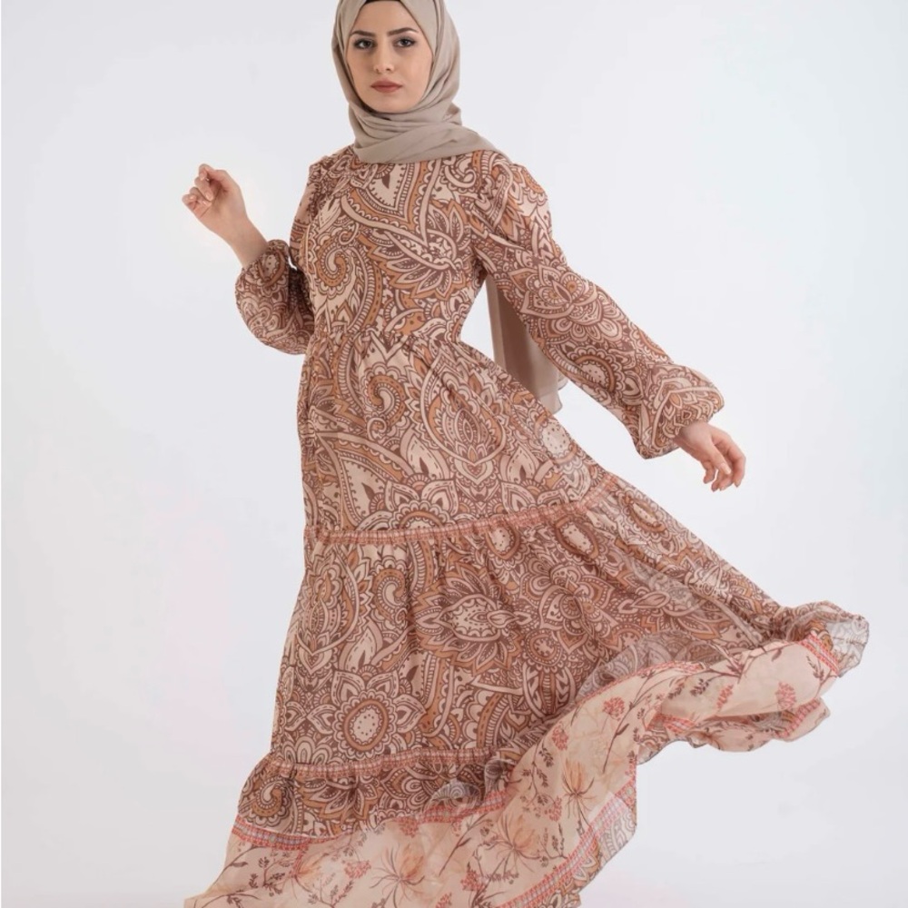 Paisley Print Long Sleeve Maxi Dress - Taupe